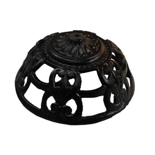 Decorative cast iron bracket bowl with a 1/4-inch center hole, featuring intricate openwork design, suitable for lamps and lighting parts collections.