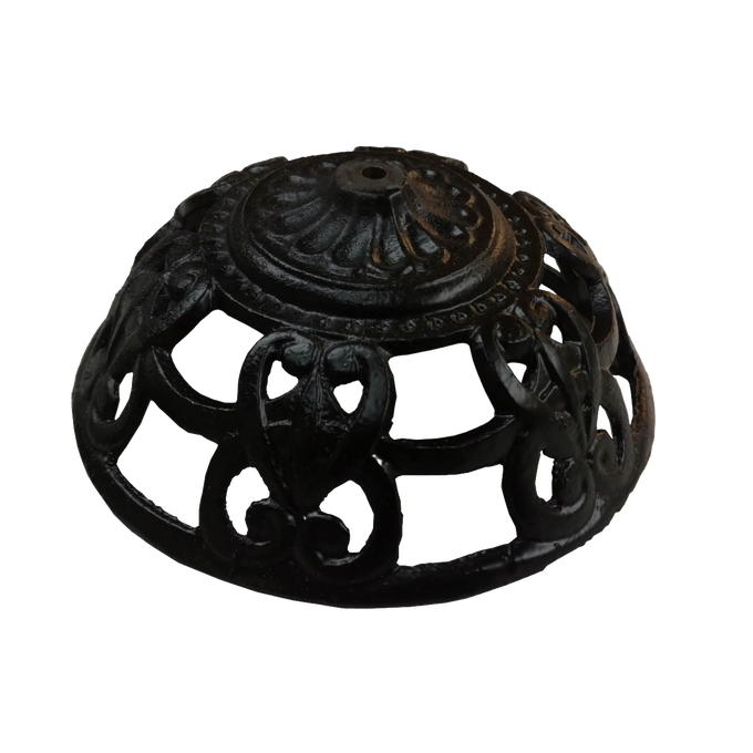 Decorative cast iron bracket bowl with a 1/4-inch center hole, featuring intricate openwork design, suitable for lamps and lighting parts collections.