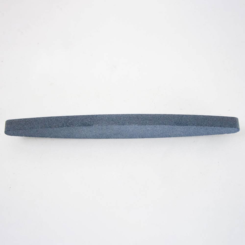 Elliptical-shaped gray silicon carbide whetstone with 150 grit for sharpening scythe blades and gardening tools, part of Farm, Garden & Tool and Lawncare collections.