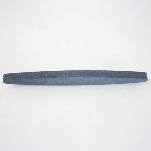 Elliptical-shaped gray silicon carbide whetstone with 150 grit for sharpening scythe blades and gardening tools, part of Farm, Garden & Tool and Lawncare collections.