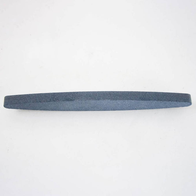 Elliptical-shaped gray silicon carbide whetstone with 150 grit for sharpening scythe blades and gardening tools, part of Farm, Garden & Tool and Lawncare collections.