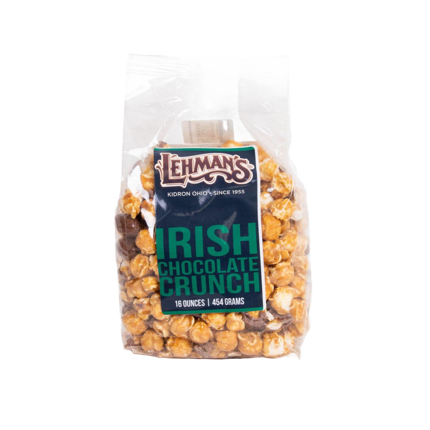 Clear bag of handcrafted Lehman's Irish Chocolate Crunch popcorn combining rich caramel and chocolate flavors, made in USA, featured in Kitchen & Food, Snacks and Sweets, Popcorn, and Best Sellers collections.