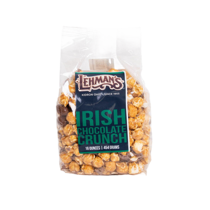 Clear bag of handcrafted Lehman's Irish Chocolate Crunch popcorn combining rich caramel and chocolate flavors, made in USA, featured in Kitchen & Food, Snacks and Sweets, Popcorn, and Best Sellers collections.