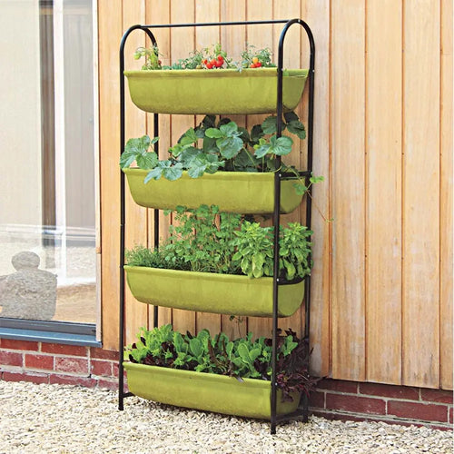 Four-tier fabric balcony garden planter with black metal frame supporting deep green planting troughs filled with herbs and vegetables, ideal for Farm, Garden & Tool and Garden Accessories collections.