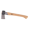Handcrafted splitting hatchet with a thin concave forged blade and smooth wooden handle, designed for efficient firewood splitting and outdoor use in farm and garden tasks.