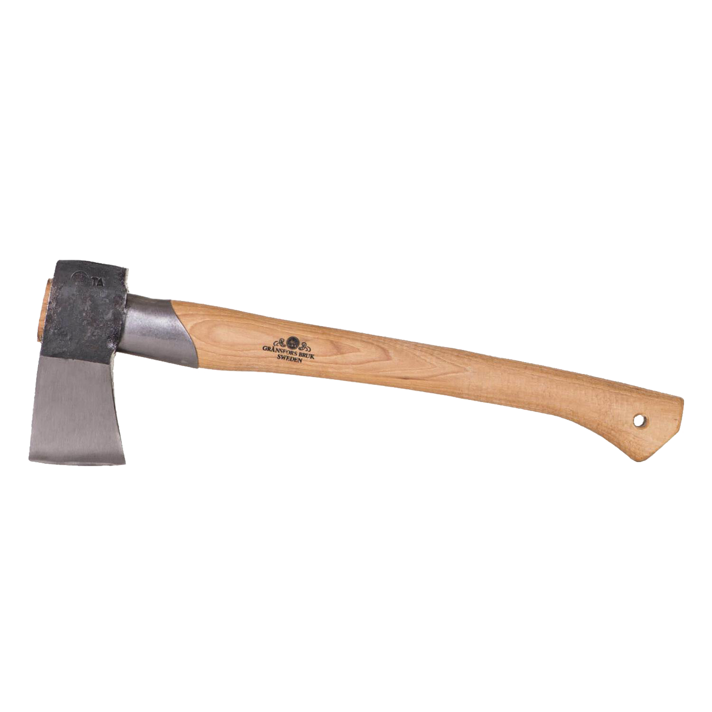 Handcrafted splitting hatchet with a thin concave forged blade and smooth wooden handle, designed for efficient firewood splitting and outdoor use in farm and garden tasks.