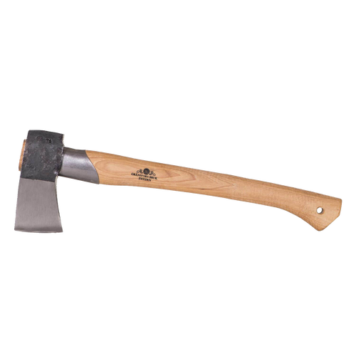Handcrafted splitting hatchet with a thin concave forged blade and smooth wooden handle, designed for efficient firewood splitting and outdoor use in farm and garden tasks.