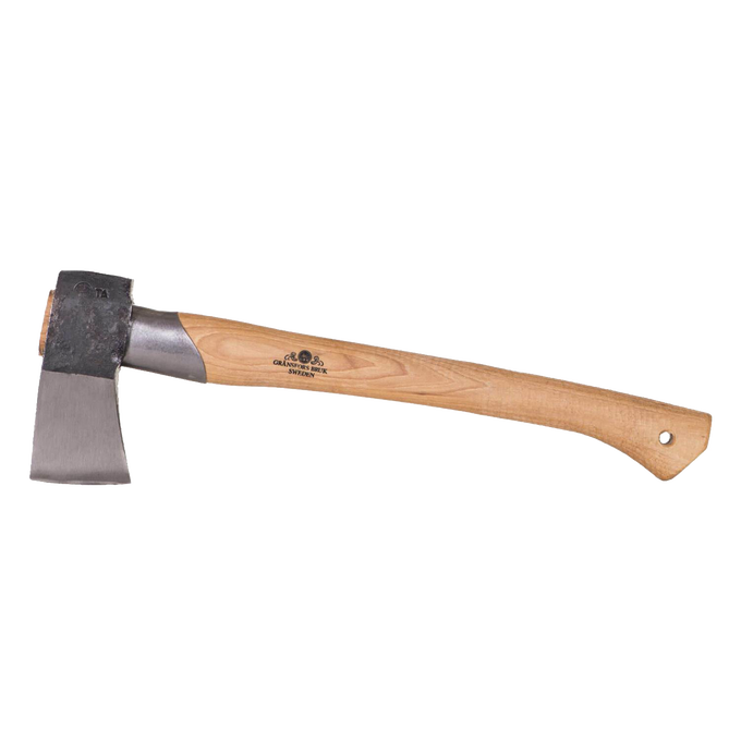 Handcrafted splitting hatchet with a thin concave forged blade and smooth wooden handle, designed for efficient firewood splitting and outdoor use in farm and garden tasks.