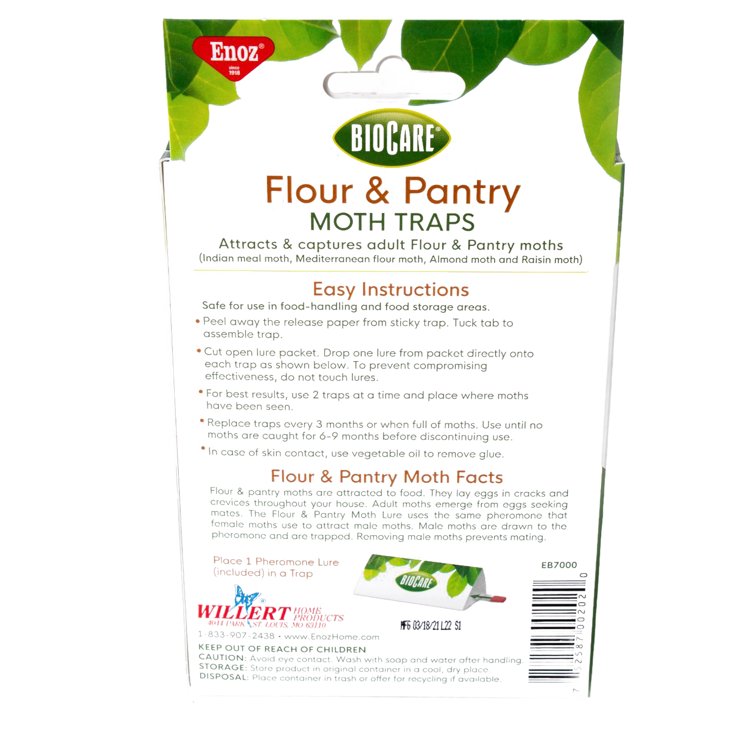 Back view of a Biocare Flour & Pantry Moth Trap package with green leaf design and detailed usage instructions, suitable for Home & Decor, Farm, Garden & Tool, Pest Control, Household Helpers, USA Made, Best Sellers, and Promo Eligible collections.