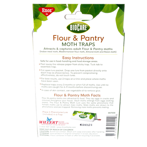 Back view of a Biocare Flour & Pantry Moth Trap package with green leaf design and detailed usage instructions, suitable for Home & Decor, Farm, Garden & Tool, Pest Control, Household Helpers, USA Made, Best Sellers, and Promo Eligible collections.
