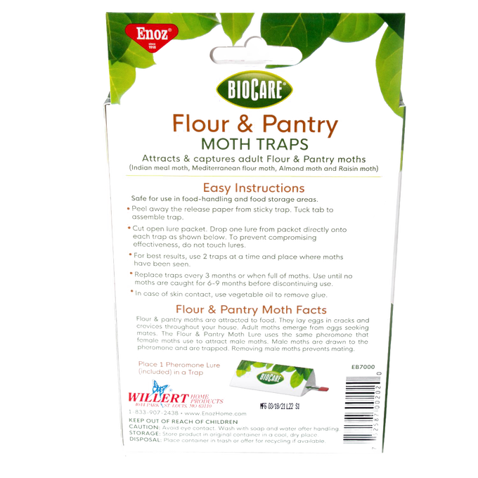 Back view of a Biocare Flour & Pantry Moth Trap package with green leaf design and detailed usage instructions, suitable for Home & Decor, Farm, Garden & Tool, Pest Control, Household Helpers, USA Made, Best Sellers, and Promo Eligible collections.