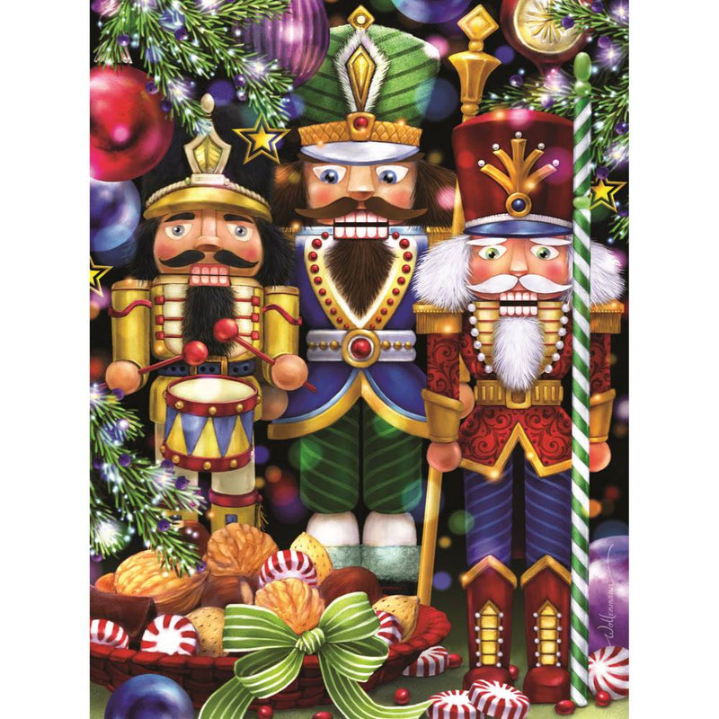 Three colorful nutcracker figures dressed in festive military-style uniforms surrounded by Christmas decorations and candy, featured in Toys, Books & Games and Best Sellers collections.