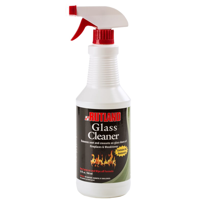 White spray bottle with red trigger containing non-toxic cleaner for removing soot and creosote from fireplace and wood stove glass, featured in Stoves and Hearth Accessories collections.