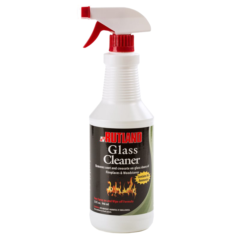 White spray bottle with red trigger containing non-toxic cleaner for removing soot and creosote from fireplace and wood stove glass, featured in Stoves and Hearth Accessories collections.