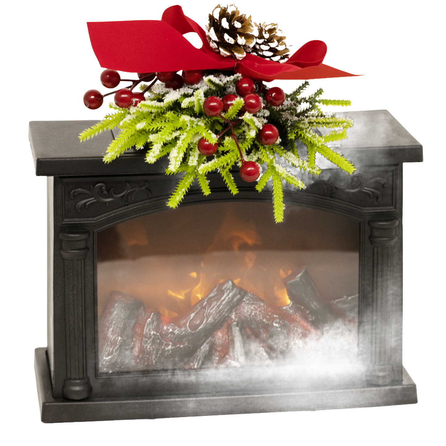 Battery-operated decorative glowing fireplace with realistic flickering firelight, adorned with festive pine sprigs and red berries, ideal for Home & Decor, Holiday Decor, Best Sellers, and Promo Eligible collections.