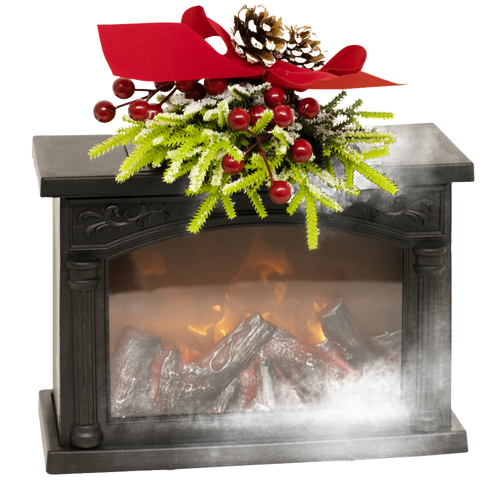 Battery-operated decorative glowing fireplace with realistic flickering firelight, adorned with festive pine sprigs and red berries, ideal for Home & Decor, Holiday Decor, Best Sellers, and Promo Eligible collections.