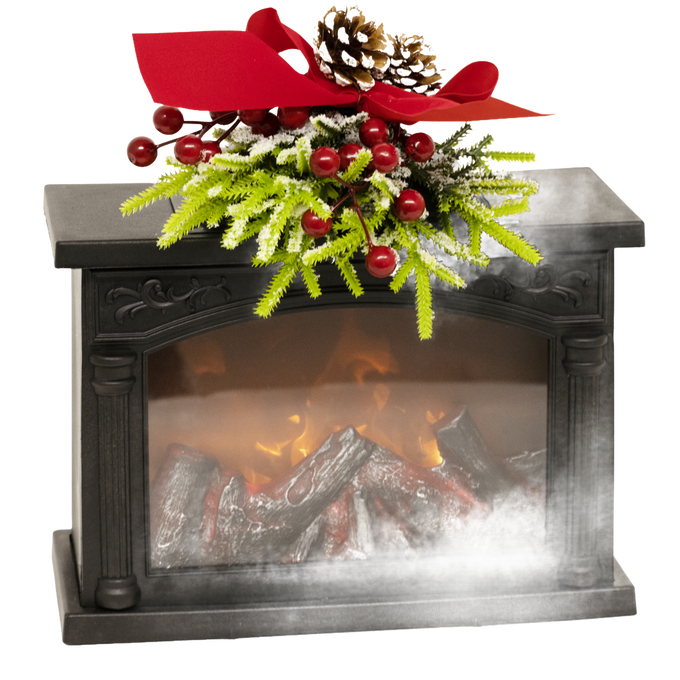 Battery-operated decorative glowing fireplace with realistic flickering firelight, adorned with festive pine sprigs and red berries, ideal for Home & Decor, Holiday Decor, Best Sellers, and Promo Eligible collections.