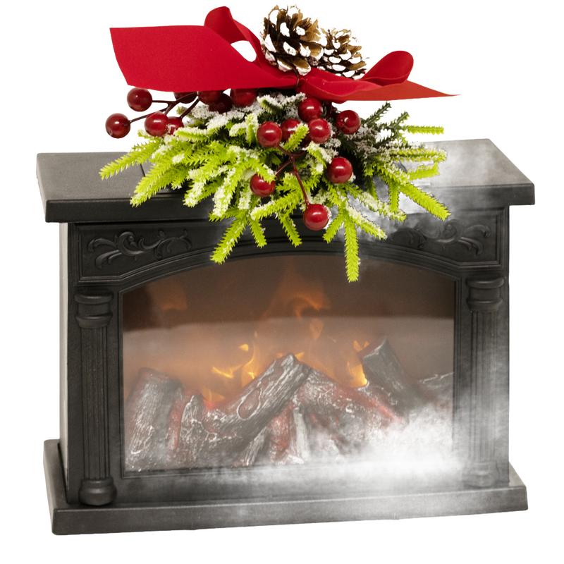 Battery-operated decorative glowing fireplace with realistic flickering firelight, adorned with festive pine sprigs and red berries, ideal for Home & Decor, Holiday Decor, Best Sellers, and Promo Eligible collections.
