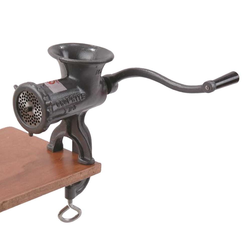 Handcrafted meat grinder with a clamp base and a long handle, made in USA, ideal for Kitchen & Food, Specialty Equipment, Butchering Supplies, USA Made, and Best Sellers collections.
