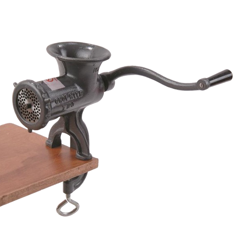 Handcrafted meat grinder with a clamp base and a long handle, made in USA, ideal for Kitchen & Food, Specialty Equipment, Butchering Supplies, USA Made, and Best Sellers collections.