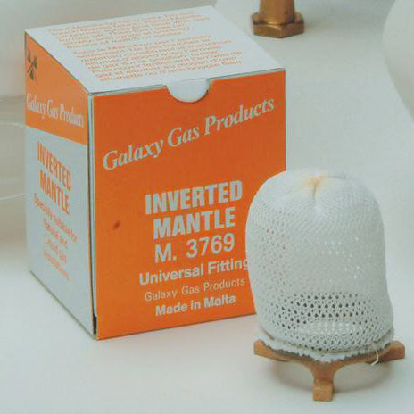 Replacement mantle with a fine mesh fabric and metal base next to its bright orange box, suitable for gas lights, featured in lamps, lighting, parts, and wicks collections.