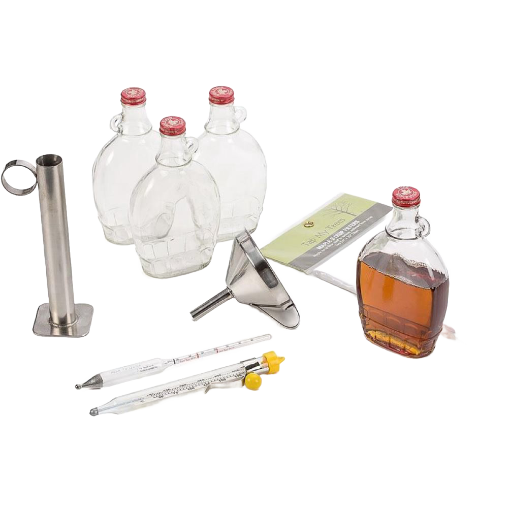 Maple syrup processing kit featuring clear glass bottling flasks with red caps, stainless steel hydrometer test cup, candy thermometers, funnel, and a sugar guide, ideal for orchard and farm use.