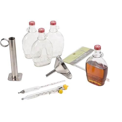 Maple syrup processing kit featuring clear glass bottling flasks with red caps, stainless steel hydrometer test cup, candy thermometers, funnel, and a sugar guide, ideal for orchard and farm use.