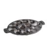 Oval cast iron pan with twelve individual oyster-shaped wells, pre-seasoned and handcrafted, ideal for grilling seafood and versatile cooking in Kitchen & Food, Cast Iron, and Grilling collections.
