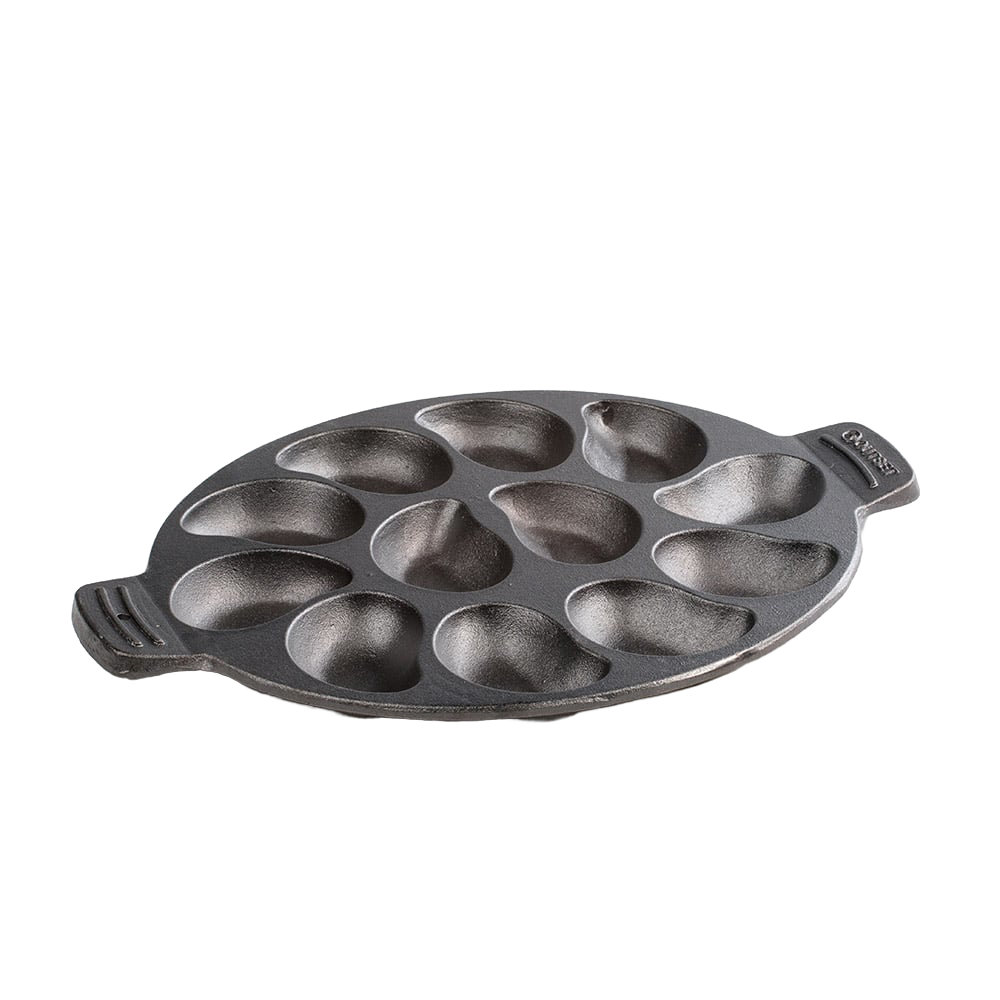Oval cast iron pan with twelve individual oyster-shaped wells, pre-seasoned and handcrafted, ideal for grilling seafood and versatile cooking in Kitchen & Food, Cast Iron, and Grilling collections.