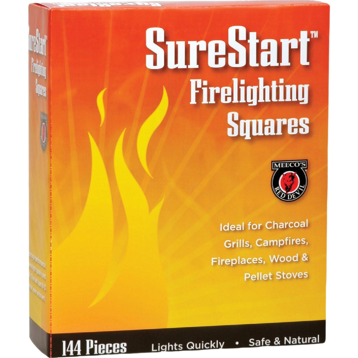 Box of SureStart firelighting squares with bright orange and yellow flames graphic, ideal for grills, fireplaces, stoves, featured in Farm, Garden & Tool and Hearth Accessories collections.