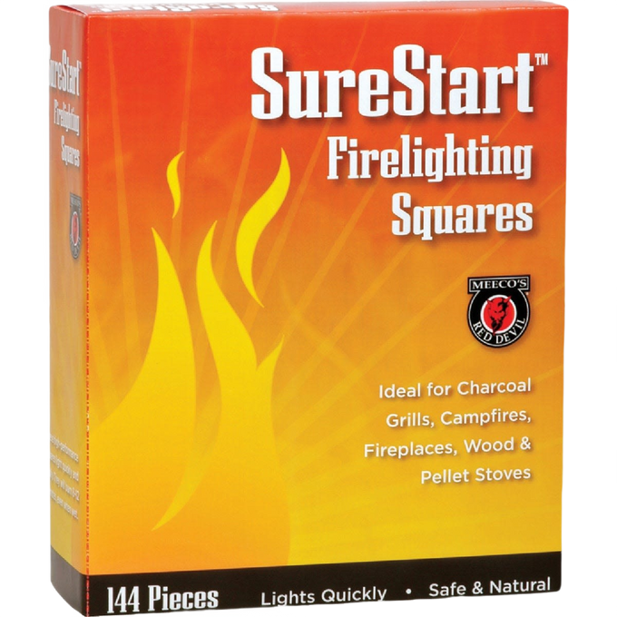 Box of SureStart firelighting squares with bright orange and yellow flames graphic, ideal for grills, fireplaces, stoves, featured in Farm, Garden & Tool and Hearth Accessories collections.