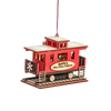 Handcrafted red wooden caboose ornament with intricate details and soft amber built-in light, designed for holiday decor and best seller collections in Home & Decor.
