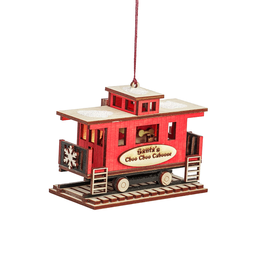 Handcrafted red wooden caboose ornament with intricate details and soft amber built-in light, designed for holiday decor and best seller collections in Home & Decor.
