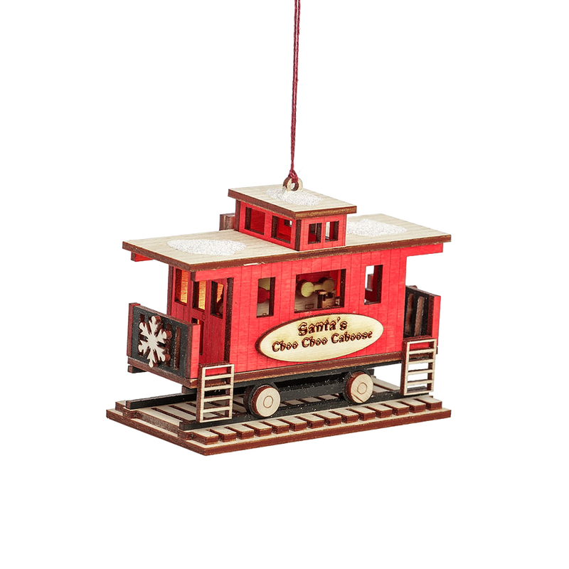 Handcrafted red wooden caboose ornament with intricate details and soft amber built-in light, designed for holiday decor and best seller collections in Home & Decor.