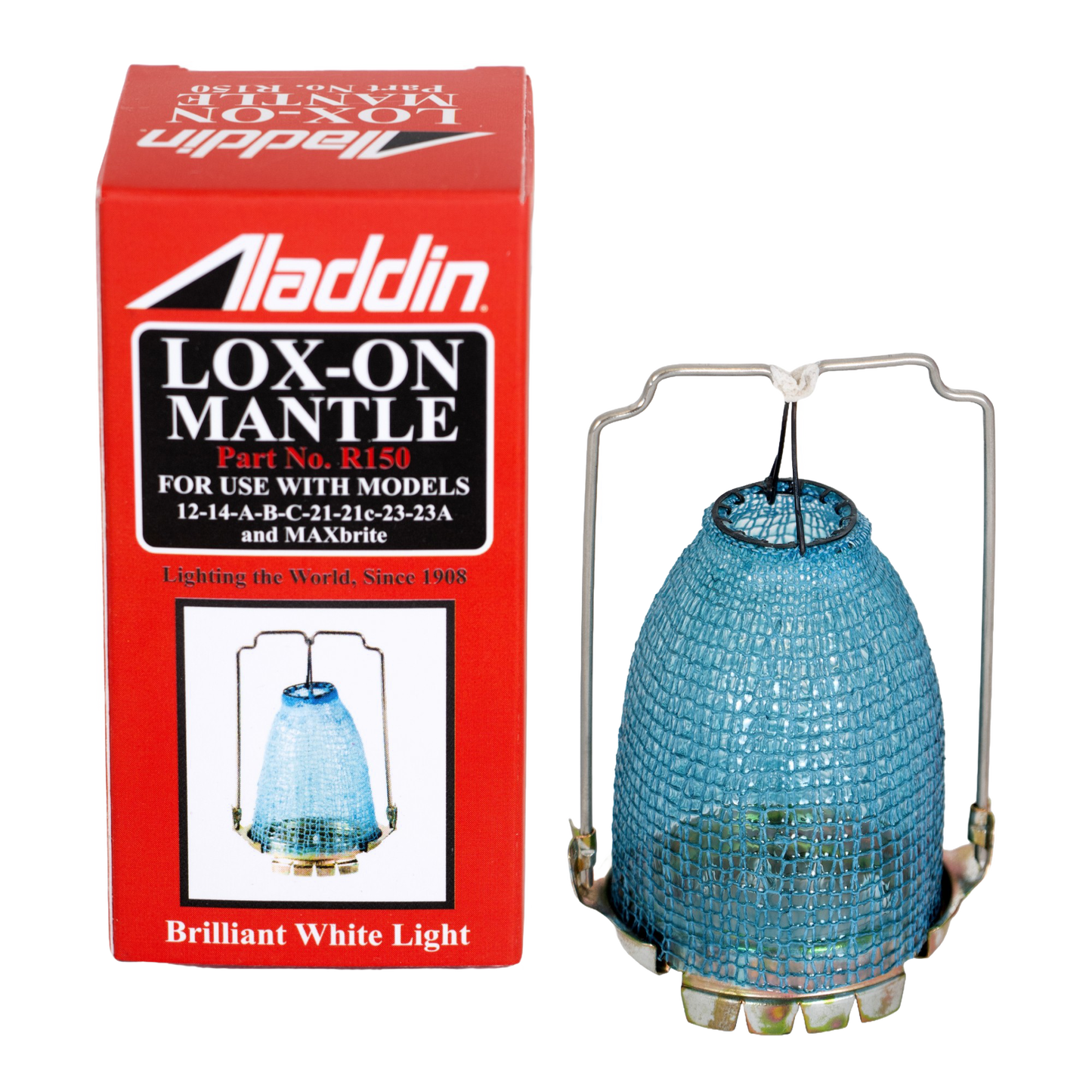 Blue mesh lamp mantle with metal frame for bright, clean light in popular Aladdin lamps, shown with red packaging, featured in Lamps & Lighting, Parts and Accessories, Wicks and Mantles, Best Sellers, and Promo Eligible collections.