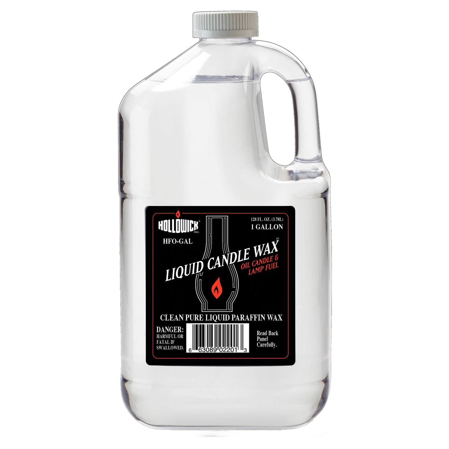 Clear one-gallon plastic container of distilled liquid paraffin wax for oil candles and lamps, featuring a black label with red flame icon, in Lamps & Lighting, Parts and Accessories, Lamp and Lantern Fuel, Best Sellers, and Promo Eligible collections.