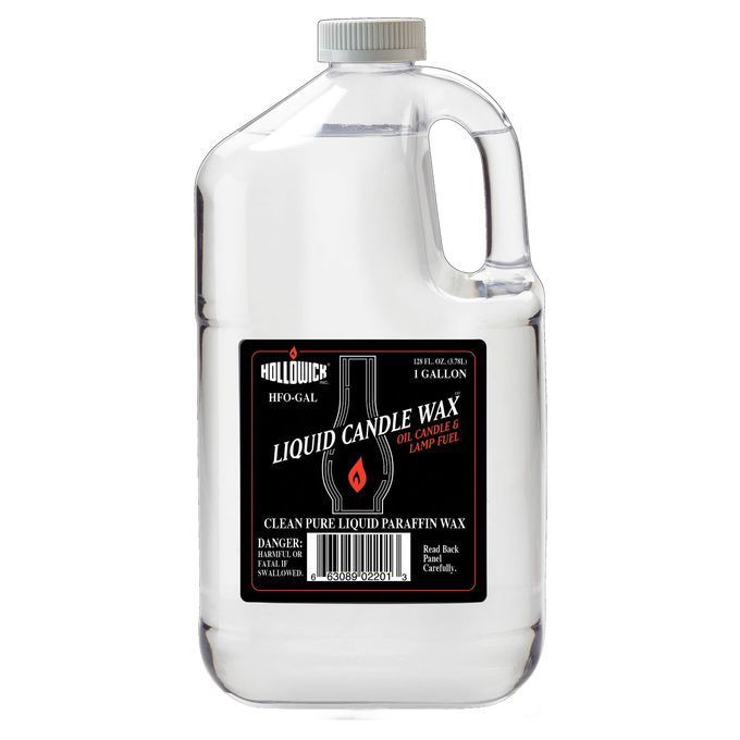Clear one-gallon plastic container of distilled liquid paraffin wax for oil candles and lamps, featuring a black label with red flame icon, in Lamps & Lighting, Parts and Accessories, Lamp and Lantern Fuel, Best Sellers, and Promo Eligible collections.