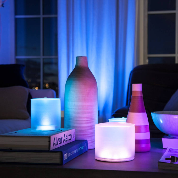 Soft glowing handcrafted Luci Color Essence solar lights in calming blues and purples, creating cozy ambient illumination for indoor Farm, Garden & Tool, Camping, and Lamps & Lighting spaces.