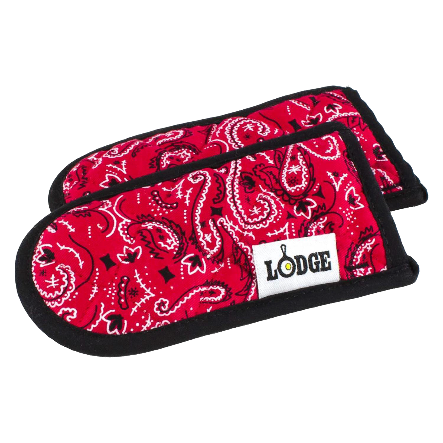 Set of two heavy-padded handle covers with red paisley pattern and black trim, designed to protect hands from heat up to 350°F, suitable for cast iron cookware in Kitchen & Food, Cookware, Cast Iron, Best Sellers, and Promo Eligible collections.