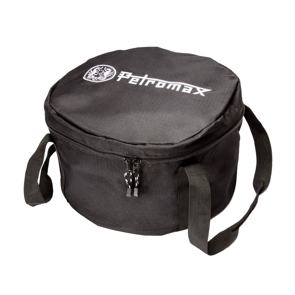 Black round ripstop fabric bag with zipper and carrying strap, designed for safe transport and storage of Dutch ovens, ideal for Farm, Garden & Tool, Camping, and Best Sellers collections.