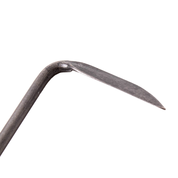 Close-up of a sturdy metal hand weeder blade with a bent design, crafted for precision weed removal in tight garden spaces, featured in Farm, Garden & Tool and Digging and Cultivating collections.