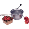 Stainless steel food mill with hand crank and hooks to secure it on bowls, shown alongside fresh strawberries in a wooden basket and red apples, for farm, garden, and kitchen use.
