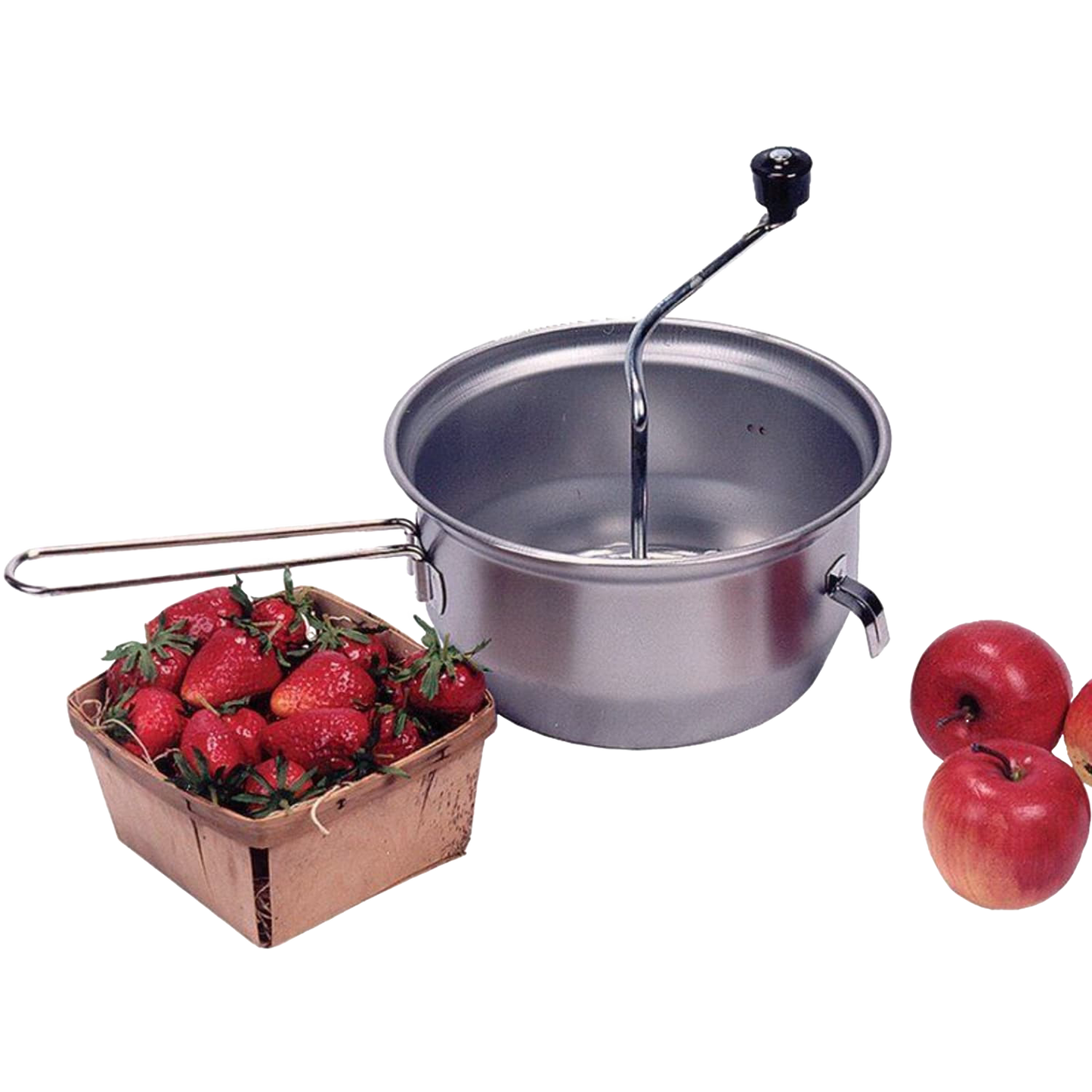 Stainless steel food mill with hand crank and hooks to secure it on bowls, shown alongside fresh strawberries in a wooden basket and red apples, for farm, garden, and kitchen use.