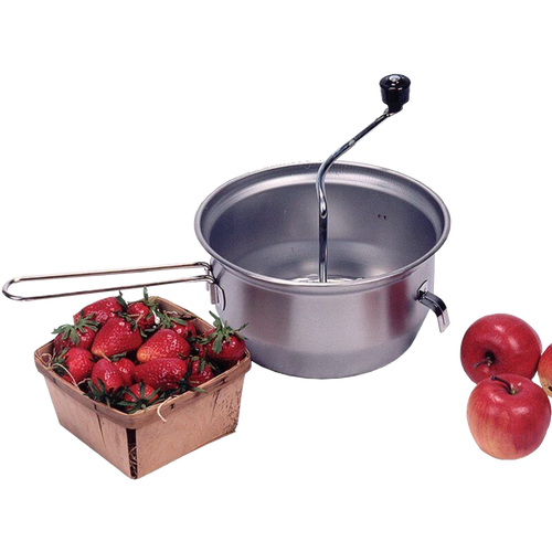 Stainless steel food mill with hand crank and hooks to secure it on bowls, shown alongside fresh strawberries in a wooden basket and red apples, for farm, garden, and kitchen use.