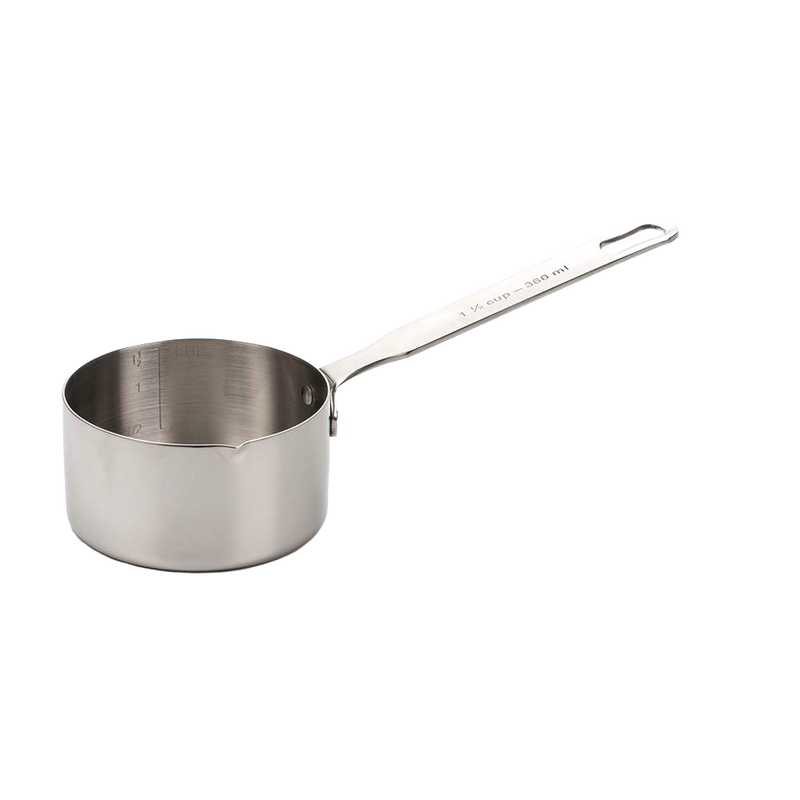 Heavy-duty stainless steel measuring pan with internal volume markings and a long handle, suitable for stovetop use and perfect for Kitchen & Food, Cookware, Baking Supplies, Food Prep, and Measuring collections.