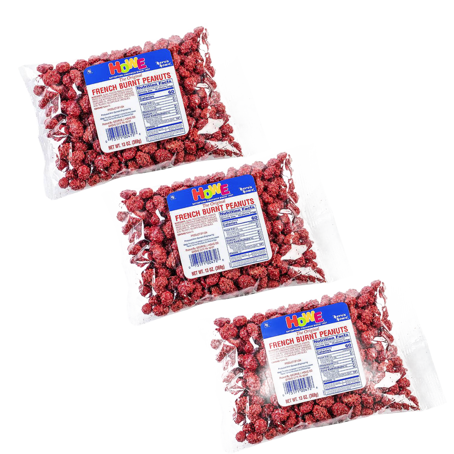 Three clear bags of crunchy candy-coated French burnt peanuts, featuring colorful product labels, popular in Kitchen & Food, Candy, USA Made, and Best Sellers collections.