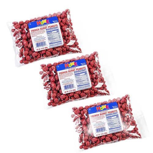 Three clear bags of crunchy candy-coated French burnt peanuts, featuring colorful product labels, popular in Kitchen & Food, Candy, USA Made, and Best Sellers collections.