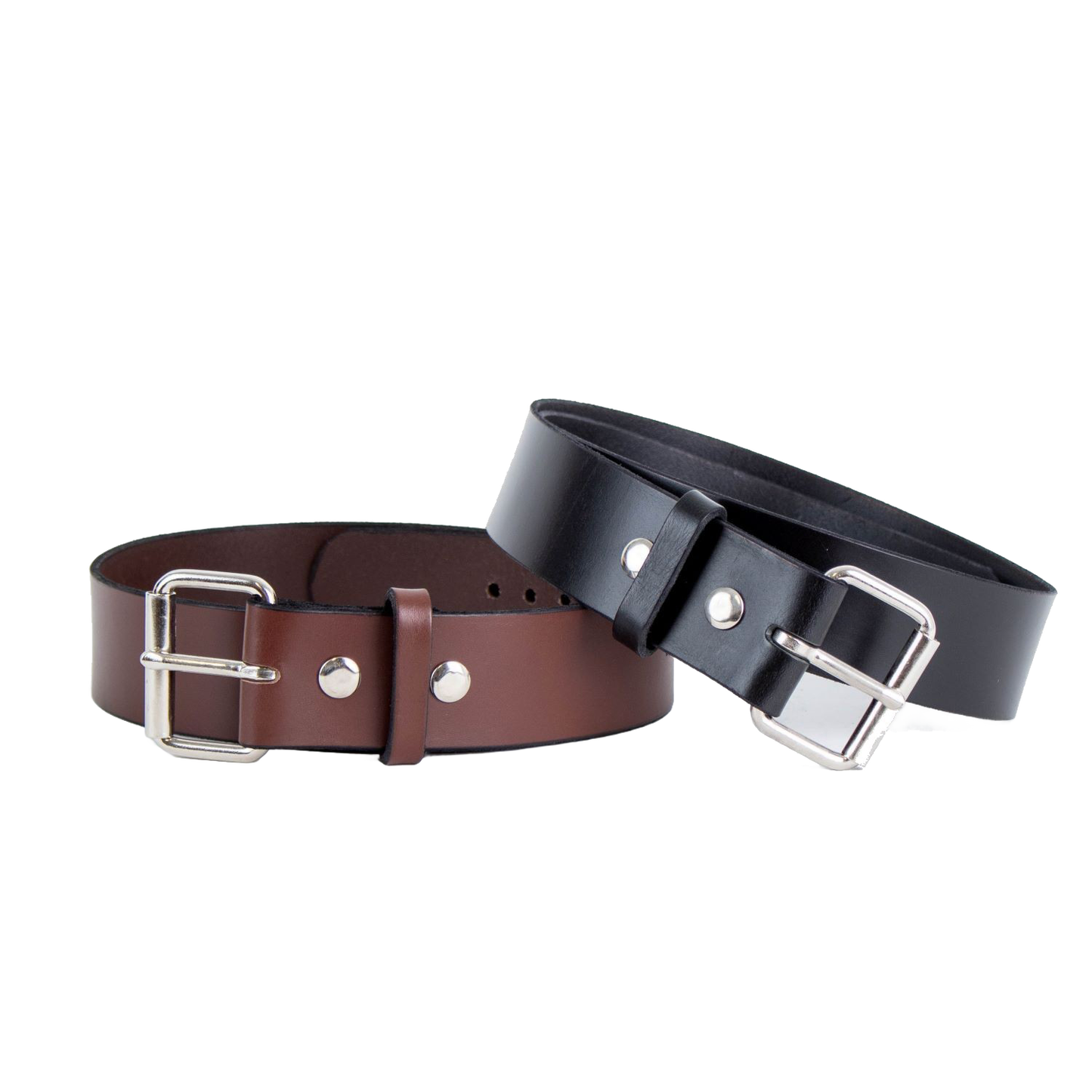 Pair of Amish-made casual and work leather belts in black and brown, 2 inches wide, crafted from 100% genuine cowhide with polished chrome buckles and snaps, featured in USA Made, Health & Wellness, Clothing and Accessories, Amish Made, Best Sellers, and Promo Eligible collections.