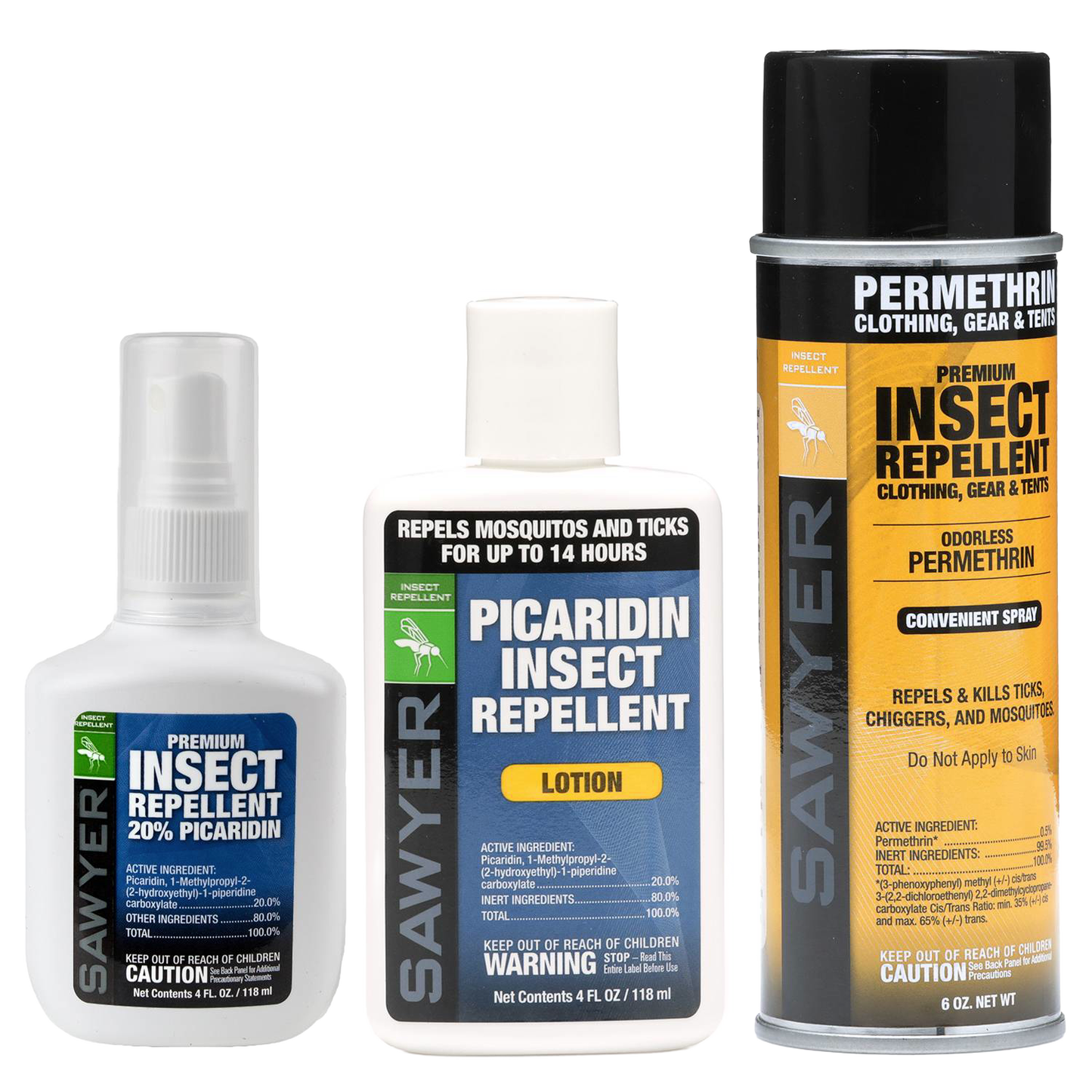 Set of three insect repellent products including a 20% Picaridin spray, a 20% Picaridin lotion, and a permethrin spray for clothing and gear, ideal for camping and outdoor use in Farm, Garden & Tool, Camping, and Best Sellers collections.