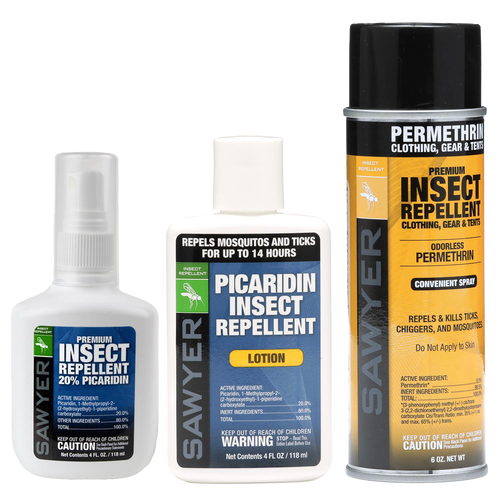 Set of three insect repellent products including a 20% Picaridin spray, a 20% Picaridin lotion, and a permethrin spray for clothing and gear, ideal for camping and outdoor use in Farm, Garden & Tool, Camping, and Best Sellers collections.